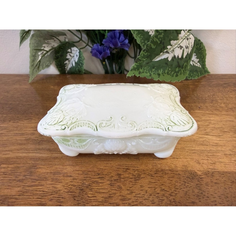 Victorian White Milk‎ Glass Trinket Vanity Box Embossed Floral Scroll Design